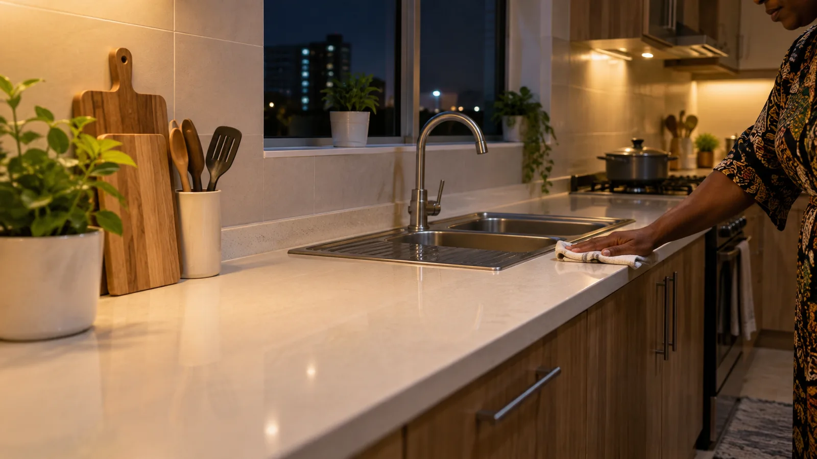 A tidy Nigerian kitchen at night, worktop clear and dry