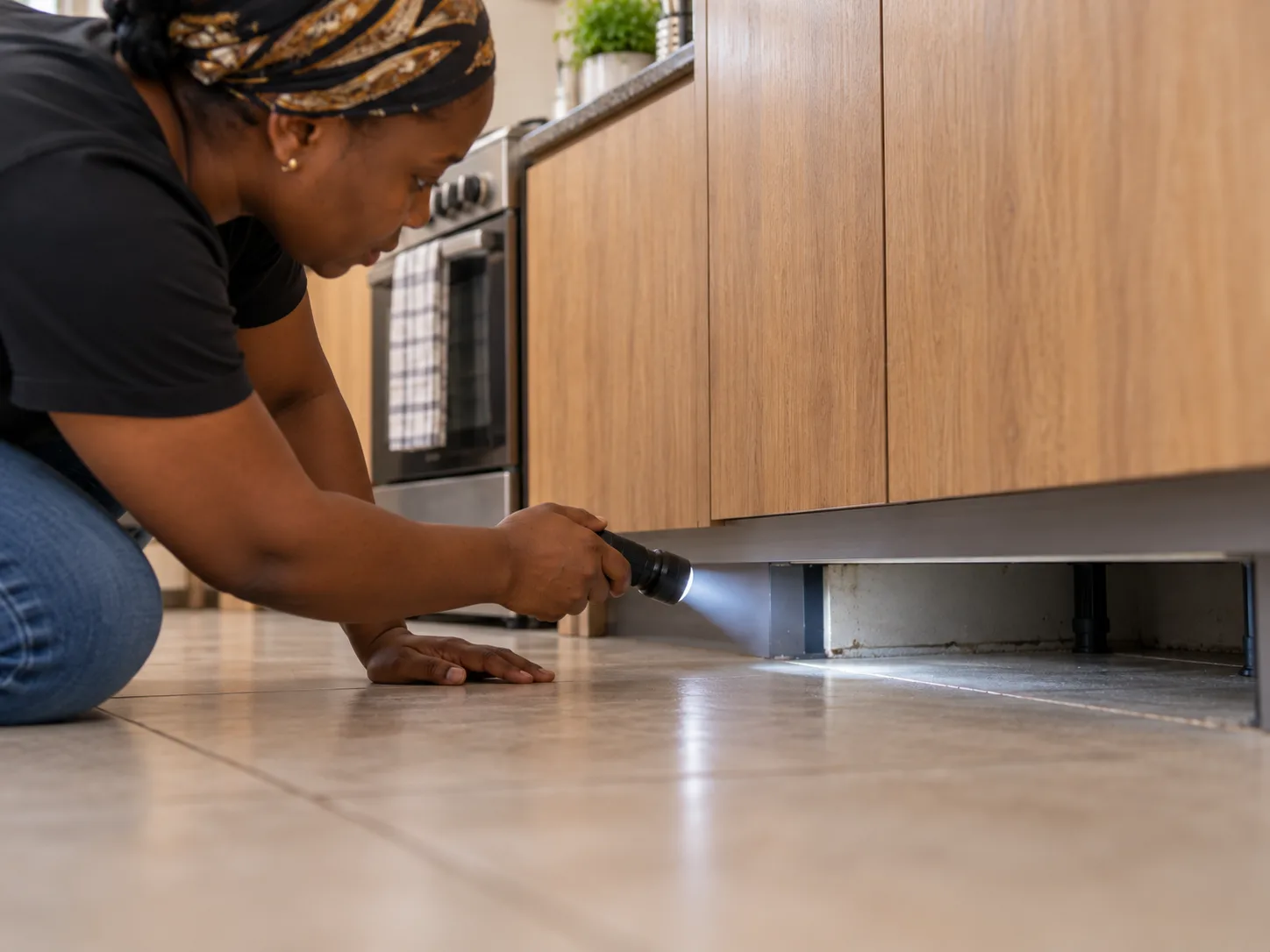 A torch beam picking out the underside of a kitchen unit