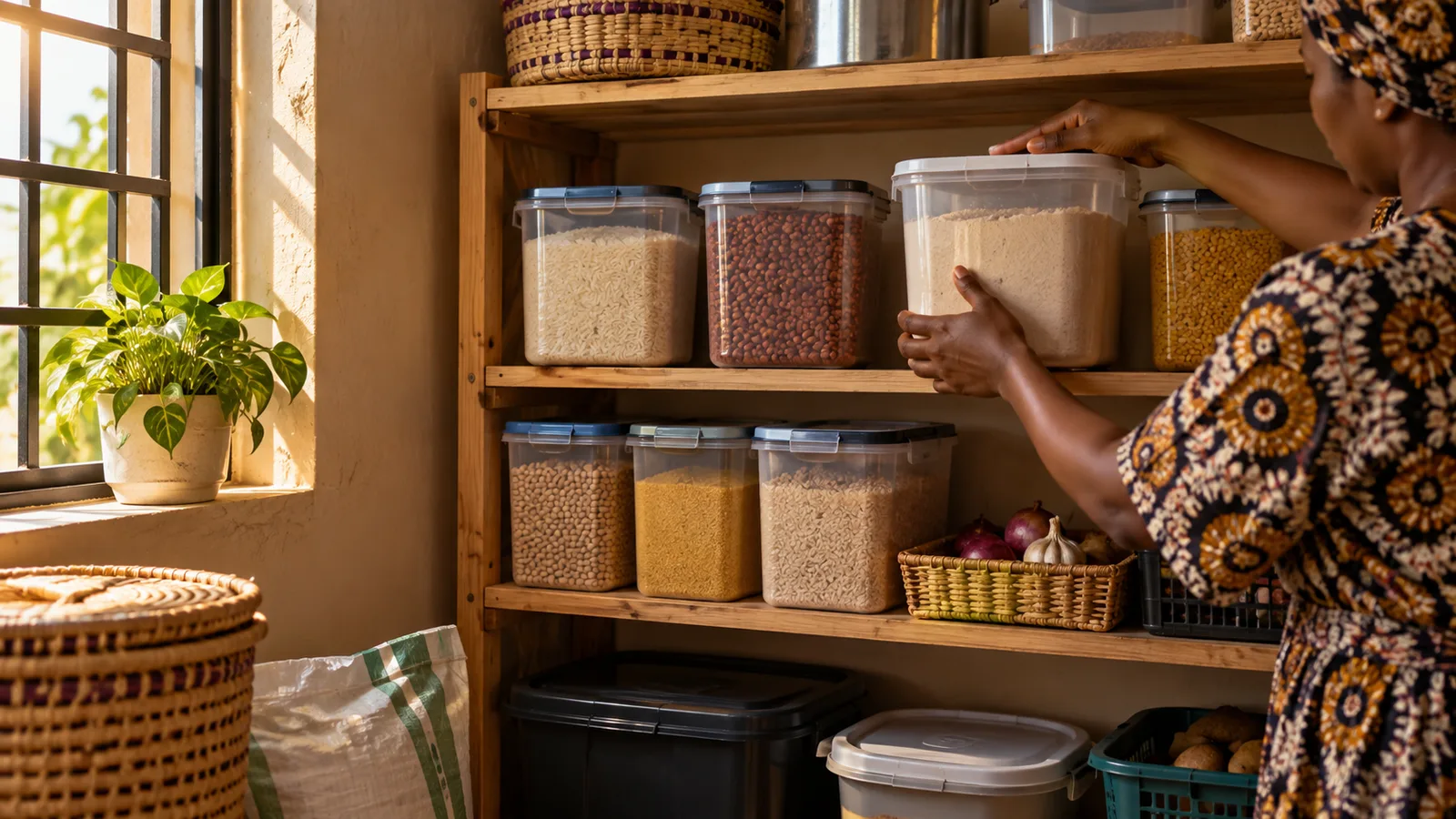 Grain and dry goods stored in sealed containers, raised off the floor