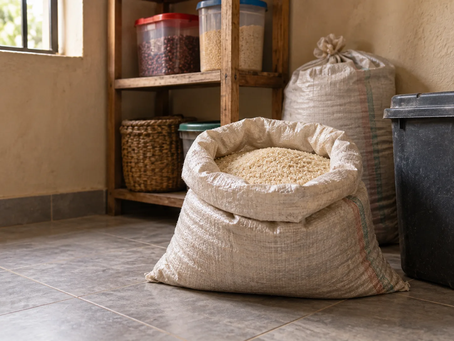 An open sack of grain on a store floor