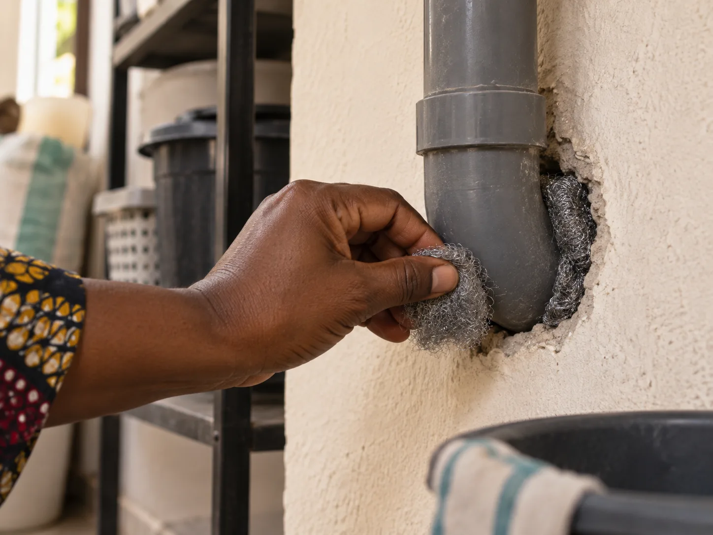 Steel wool packed into a gap around a pipe entering a wall