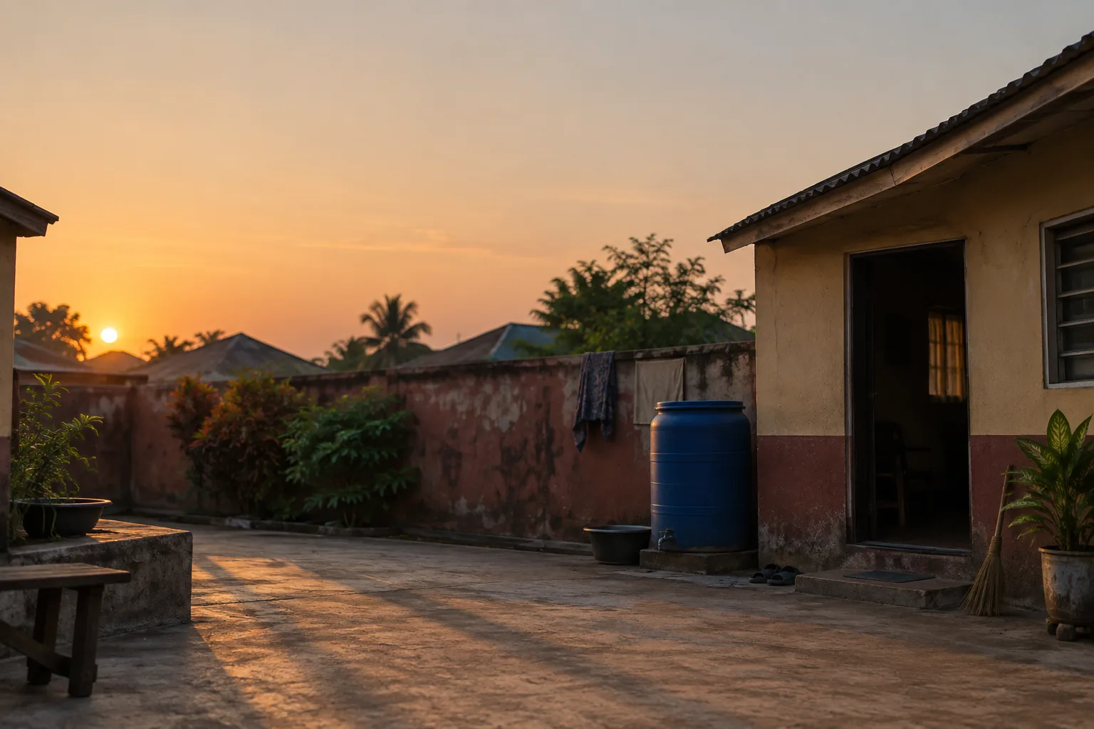 Evening light in a Nigerian compound, the hour mosquitoes become active