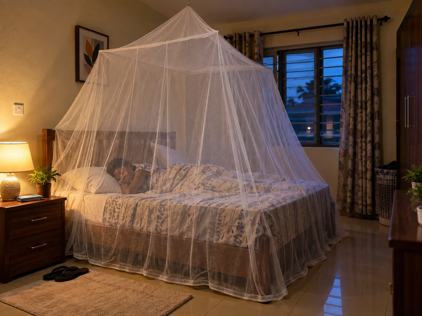 A treated bed net over a bed in a Nigerian bedroom