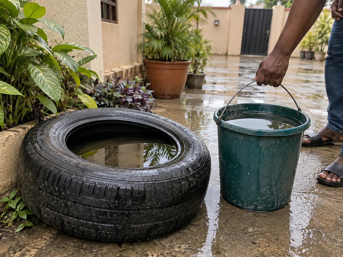 Rainwater standing in a discarded tyre and an uncovered bucket