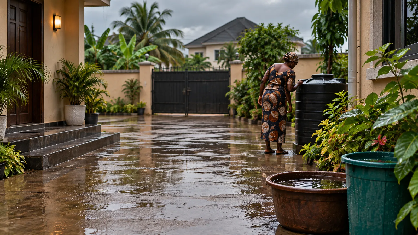 A Nigerian compound after rain, with water standing in containers