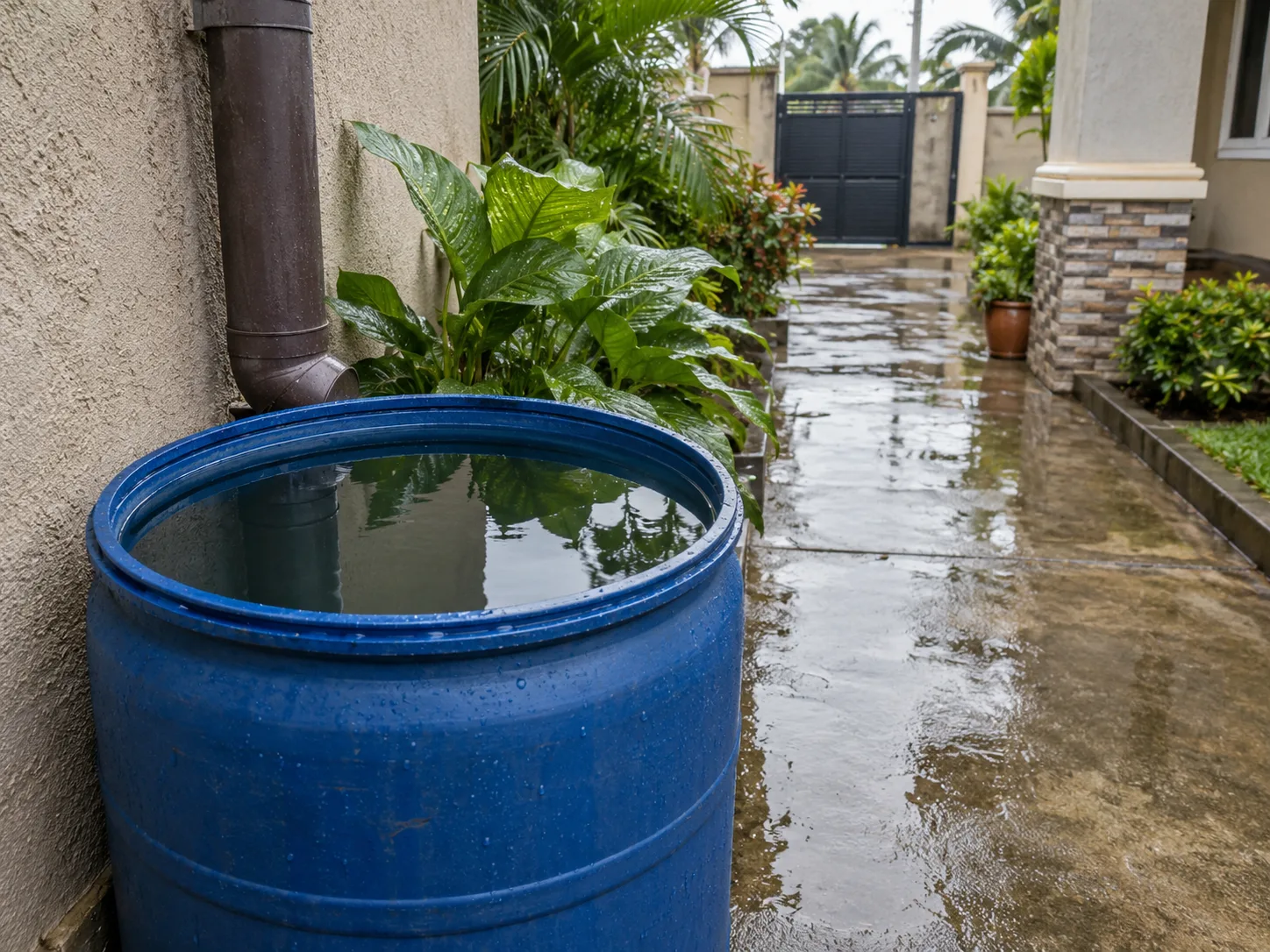 Rainwater standing in an uncovered drum