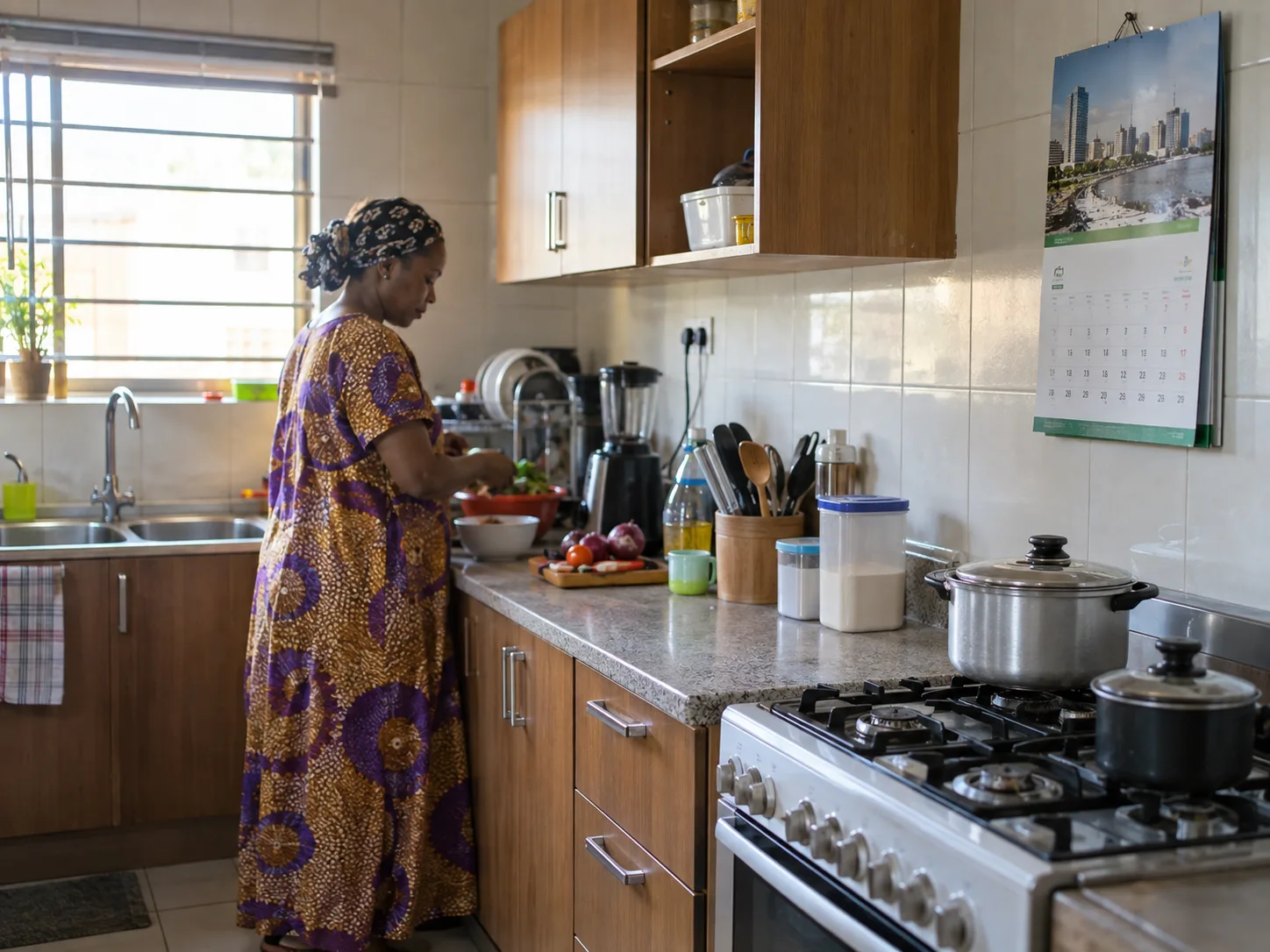 A wall calendar in a Nigerian kitchen