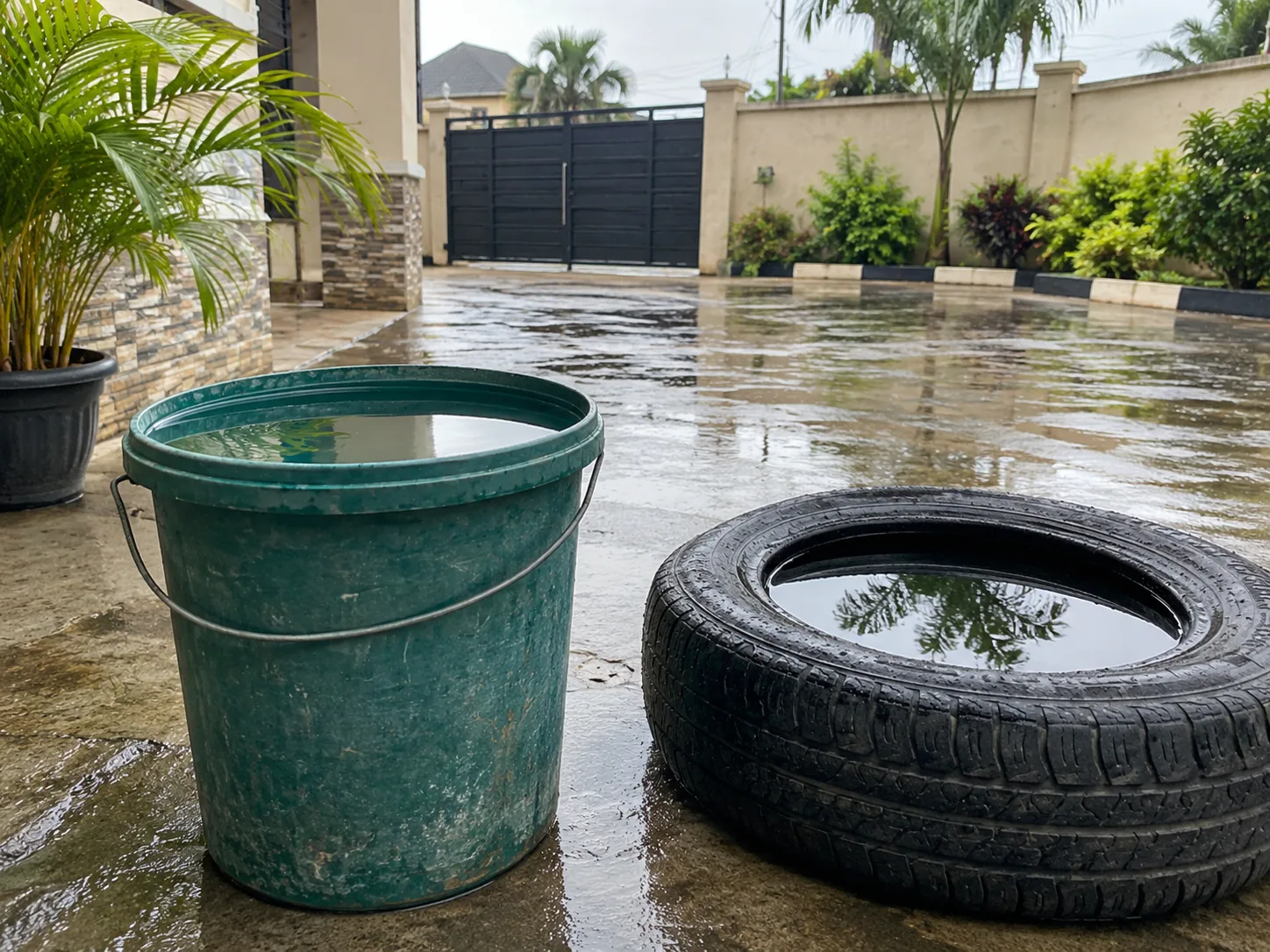 Rainwater standing in a bucket and a discarded tyre in a compound