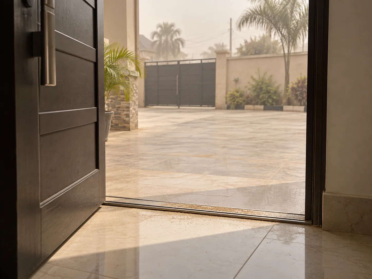 Dusty harmattan light across a doorway