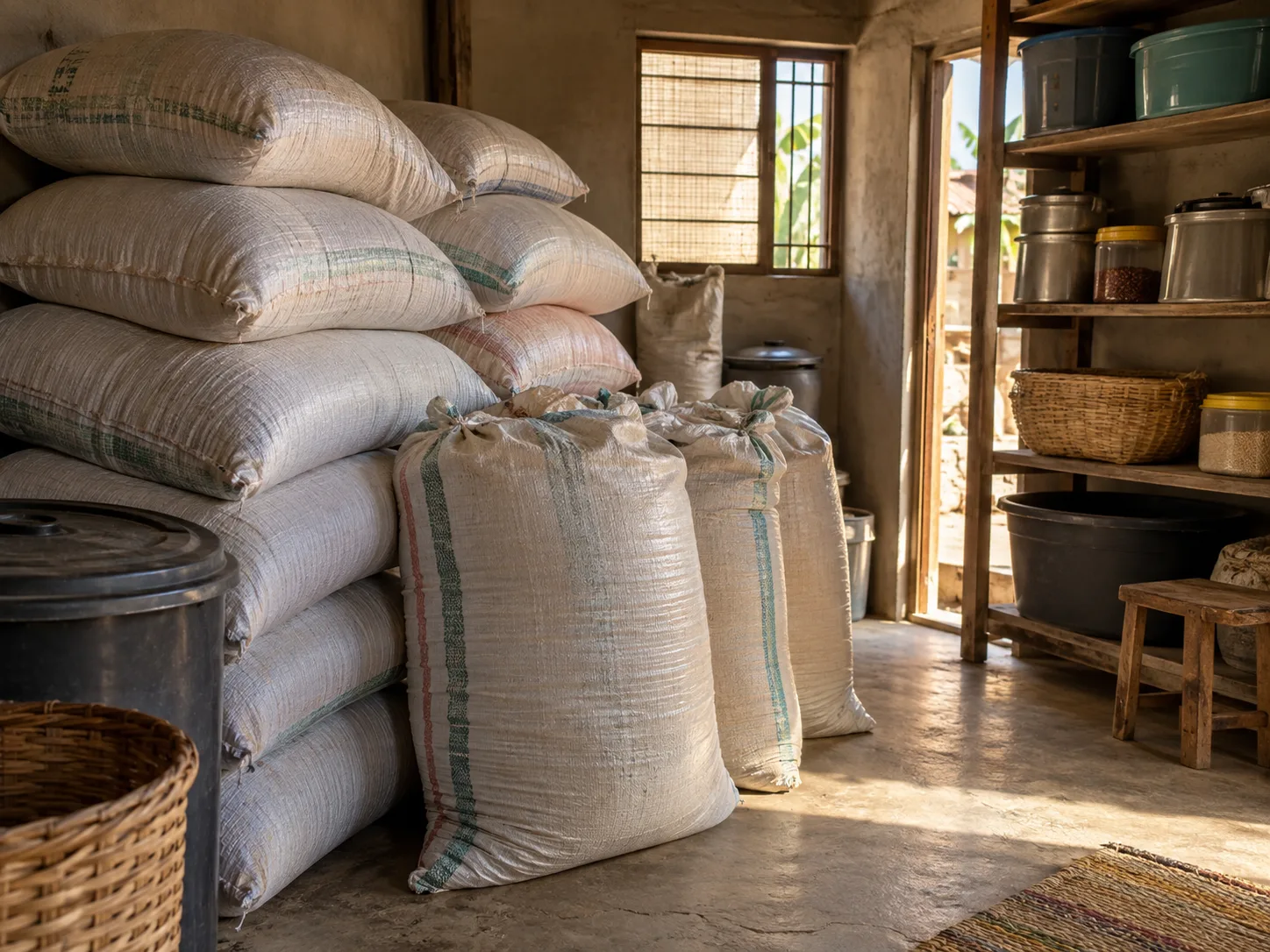 Sacks of grain stacked in a store after harvest
