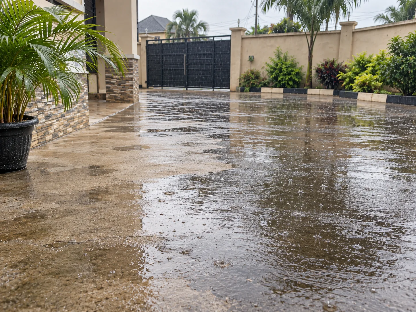 First rain darkening the ground of a compound