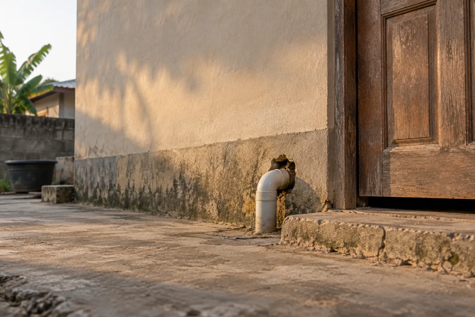 The base of an exterior wall and a doorway, seen from outside a Nigerian home