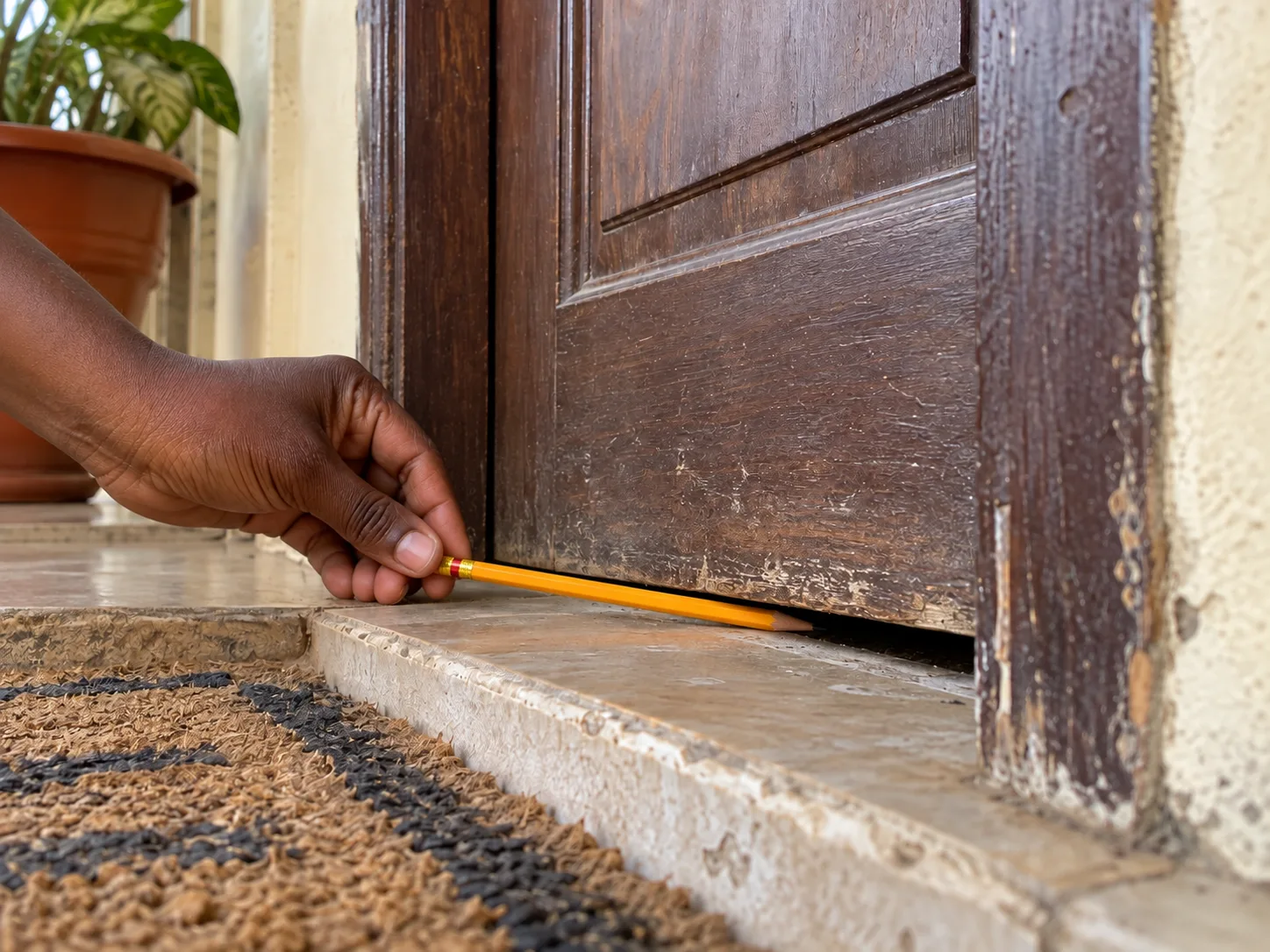 A pencil held against a small gap at the foot of a door
