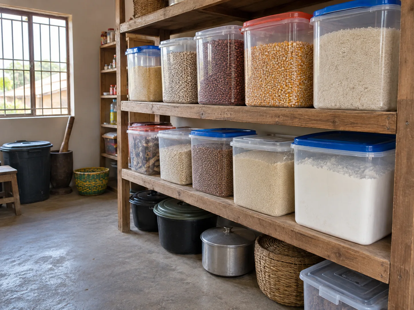 Grain and dry goods stored in sealed containers on a raised shelf