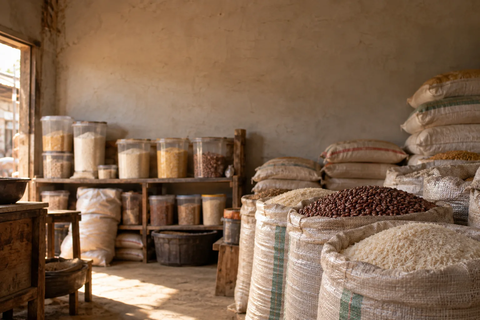 Sacks and containers of grain and flour in a Nigerian store