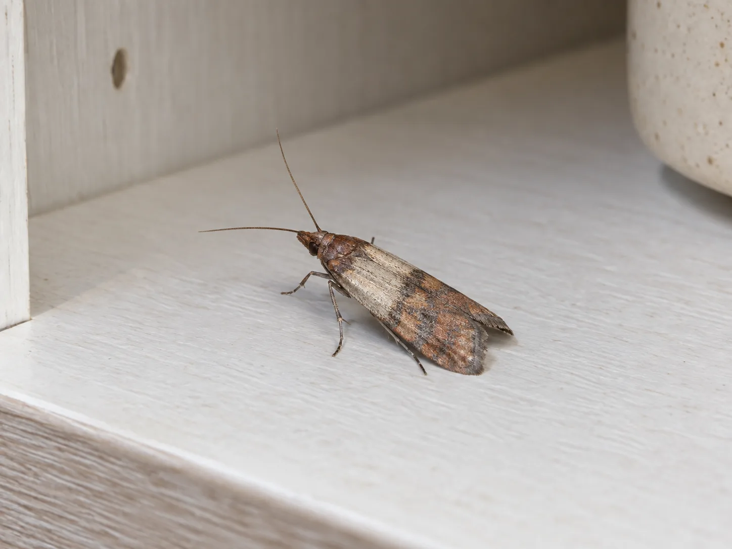 A pantry moth at rest on a shelf