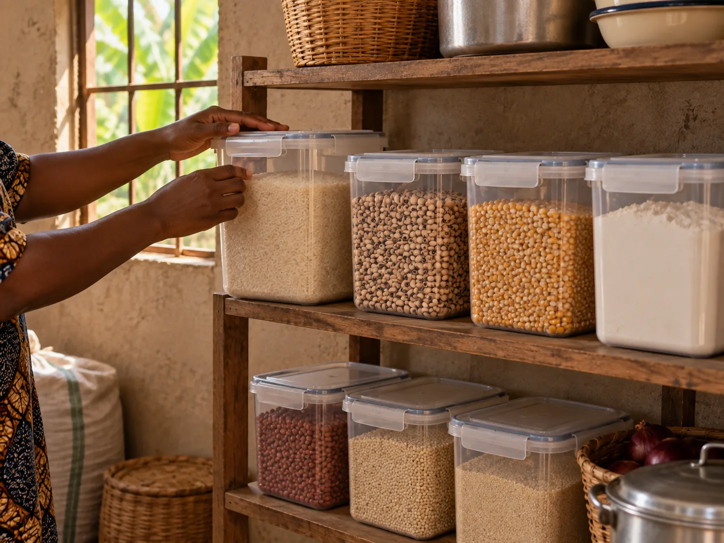 Grain and flour decanted into sealed airtight containers