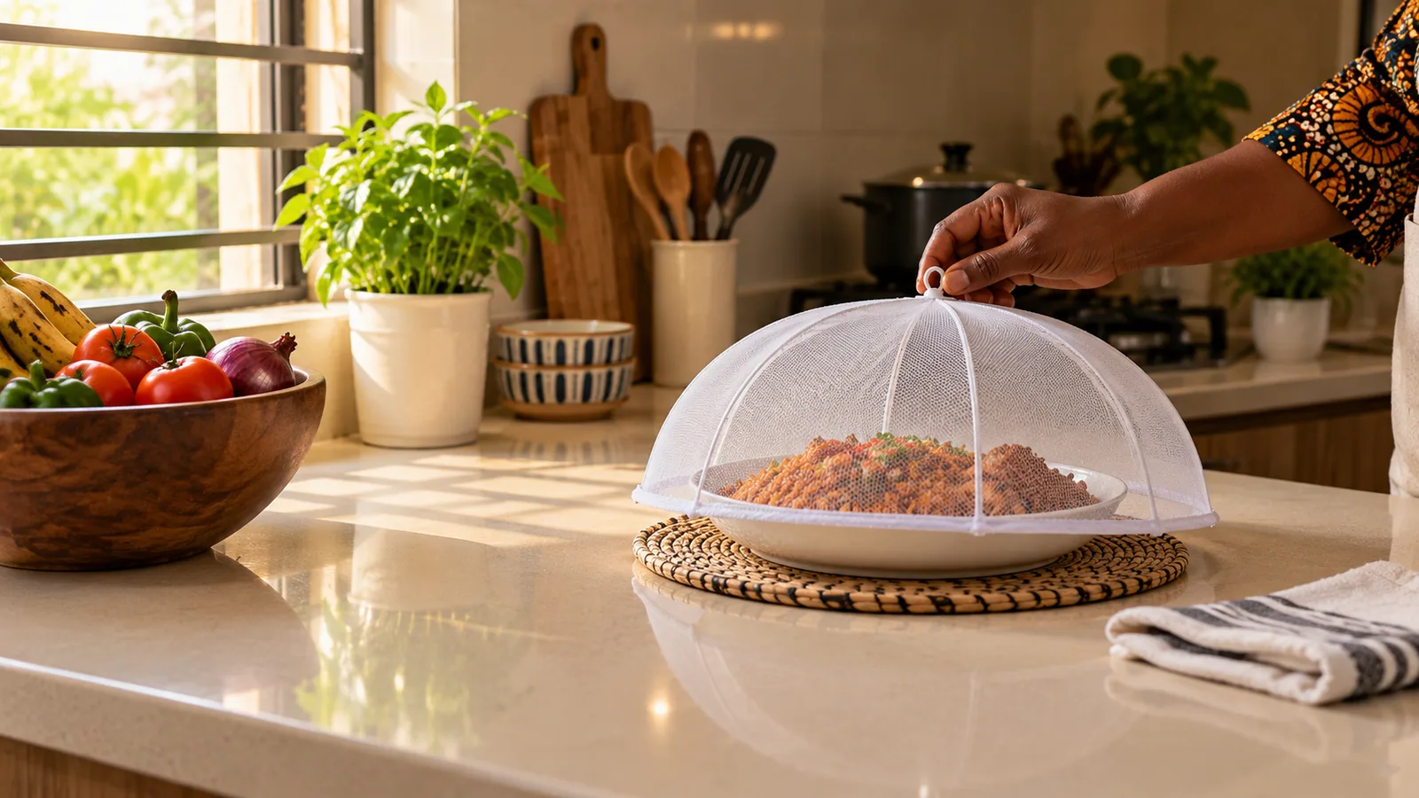 A covered dish and a wiped worktop in a Nigerian kitchen