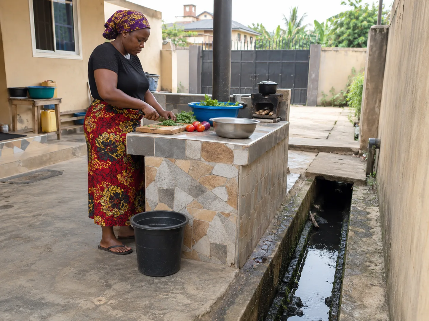 An open drain beside a food preparation area