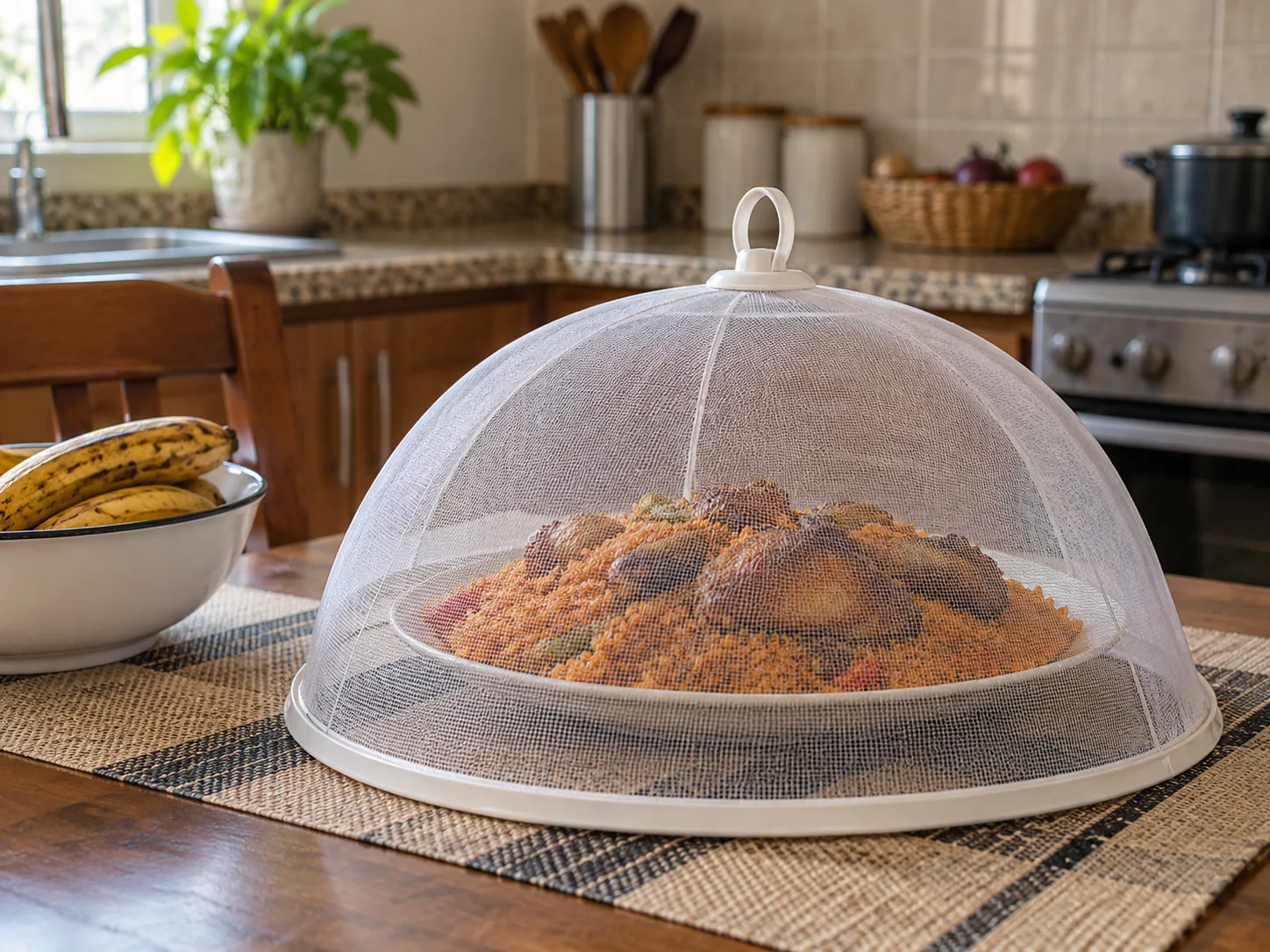Food covered with a mesh dome on a kitchen table