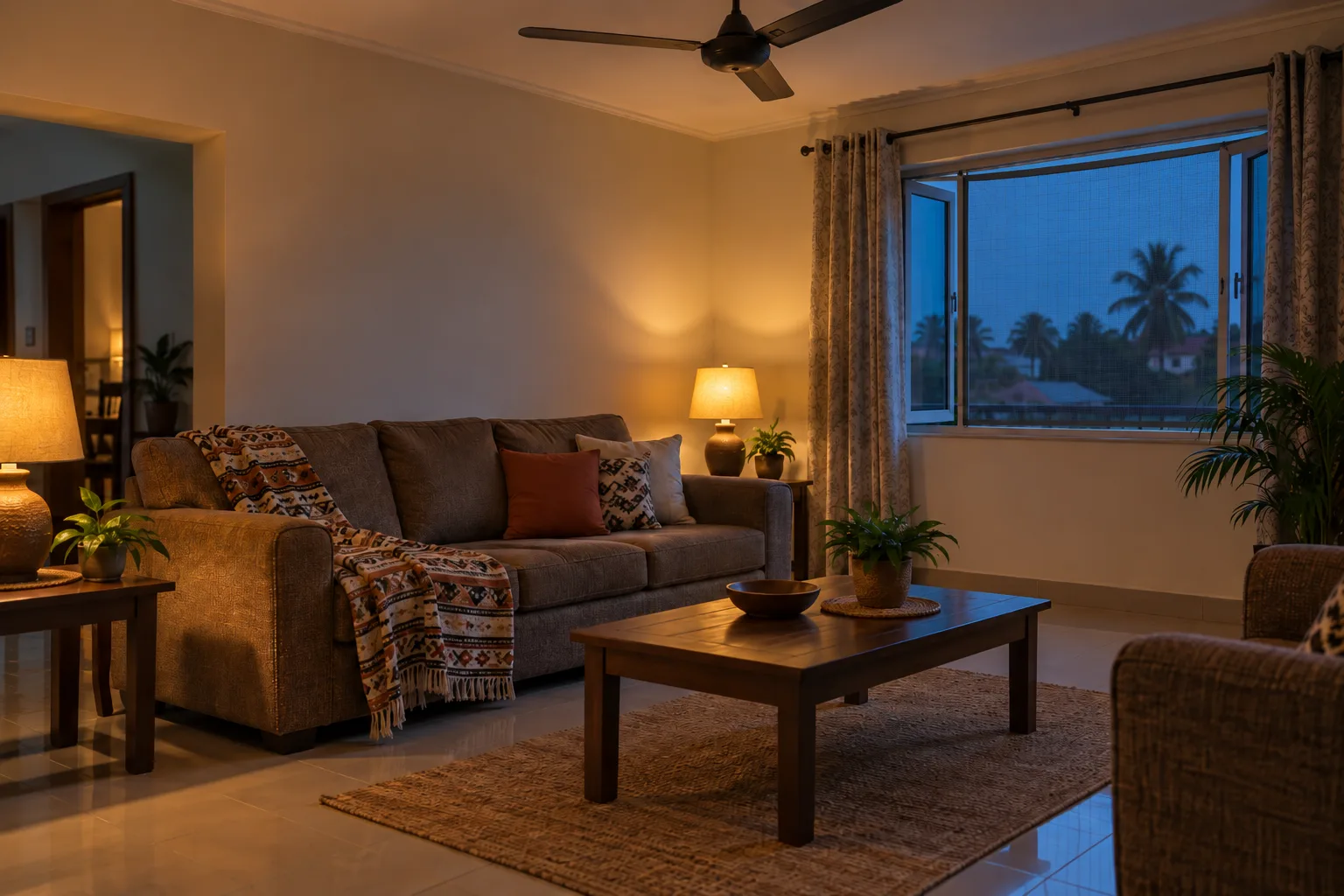 A Nigerian living room at dusk, lamps on and windows netted, the setting these guides are written for.
