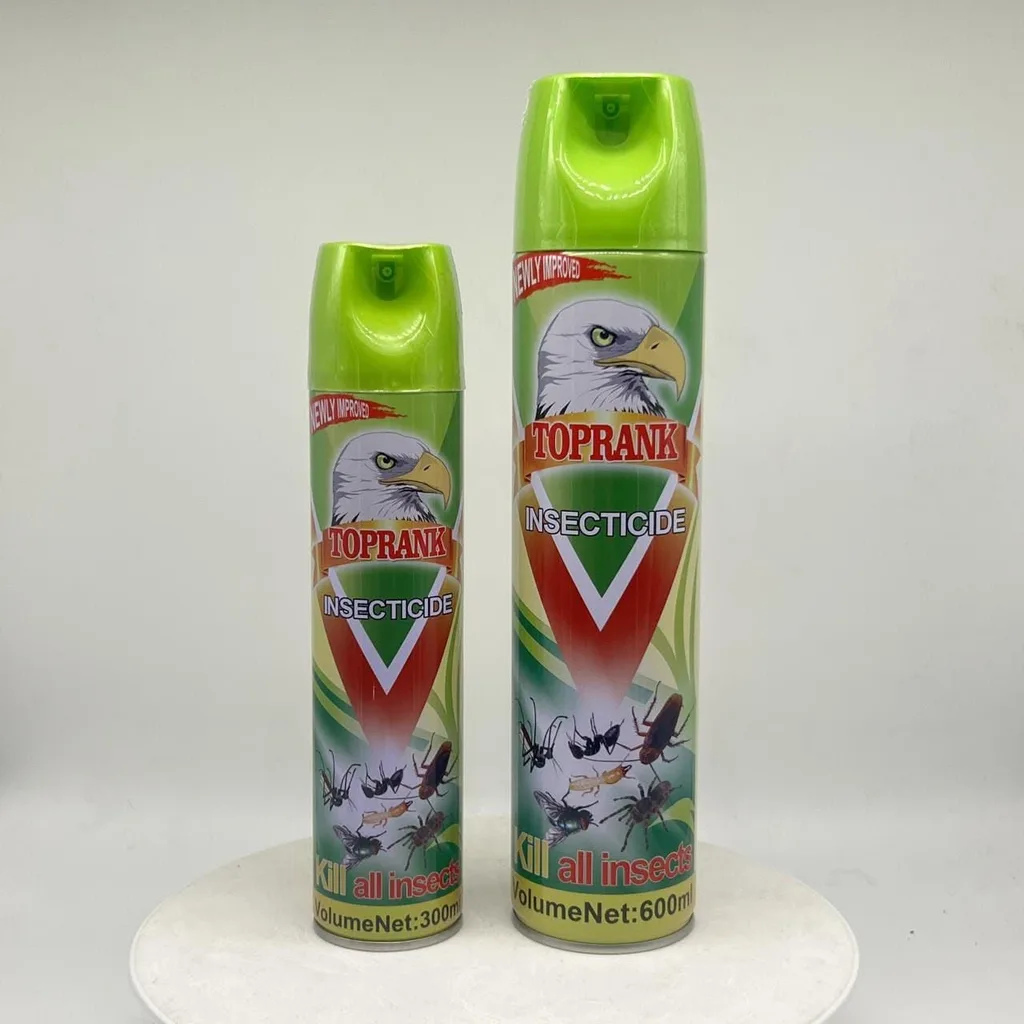 Two genuine TOPRANK insecticide cans, the 300 ml beside the 600 ml.