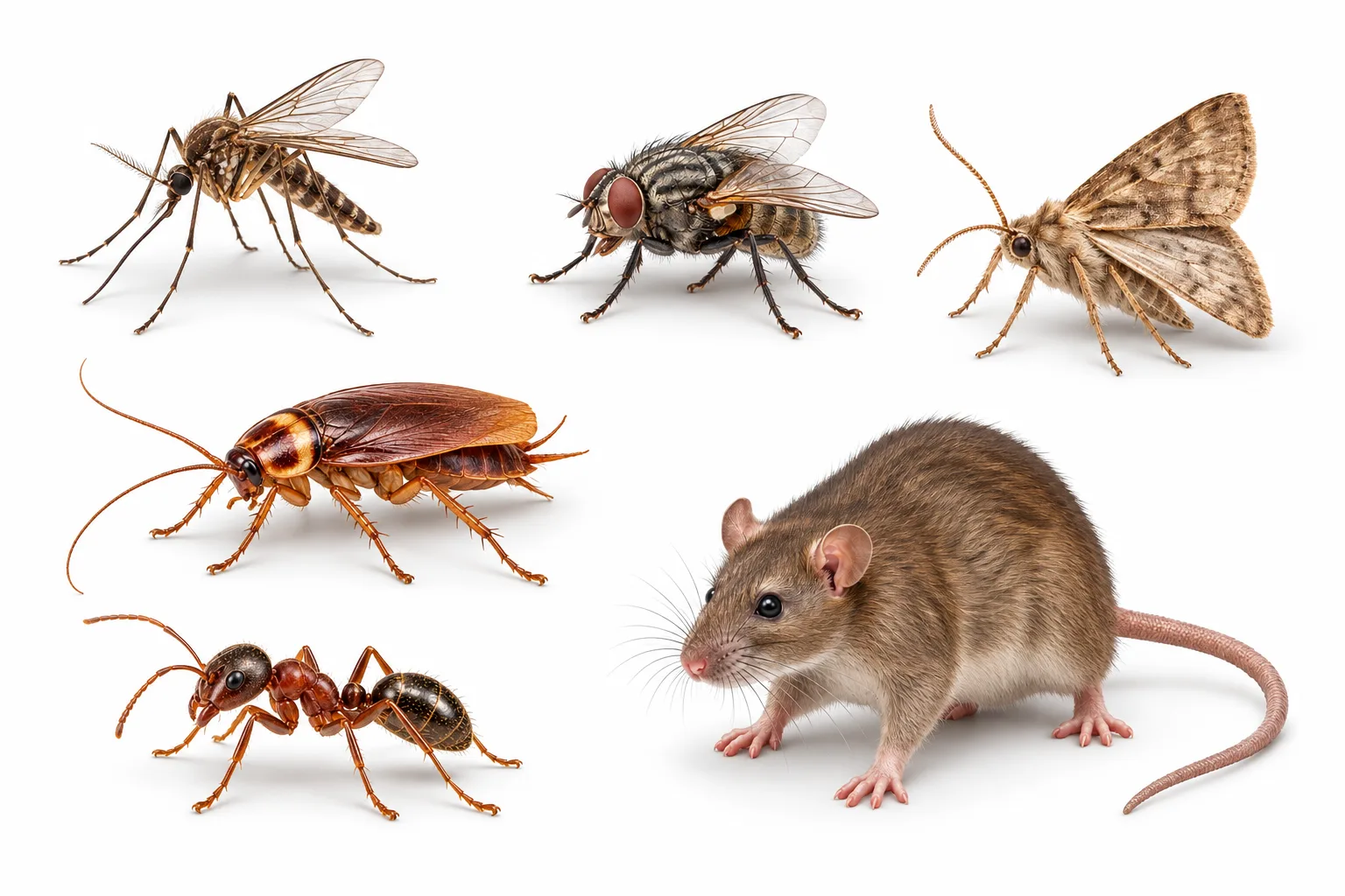The six pests in this library side by side: a mosquito, a fly, a moth, a cockroach, an ant and a rat.