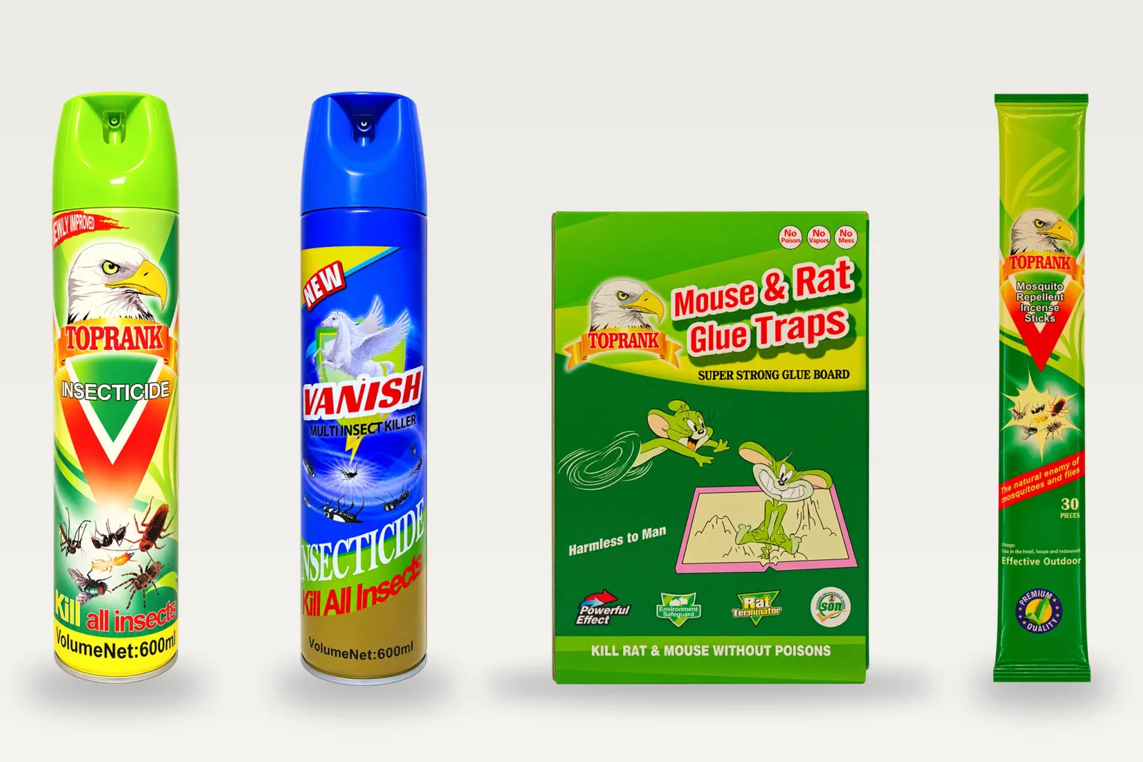 The TOPRANK and VANISH range together: aerosol cans, glue traps and mosquito repellent incense.